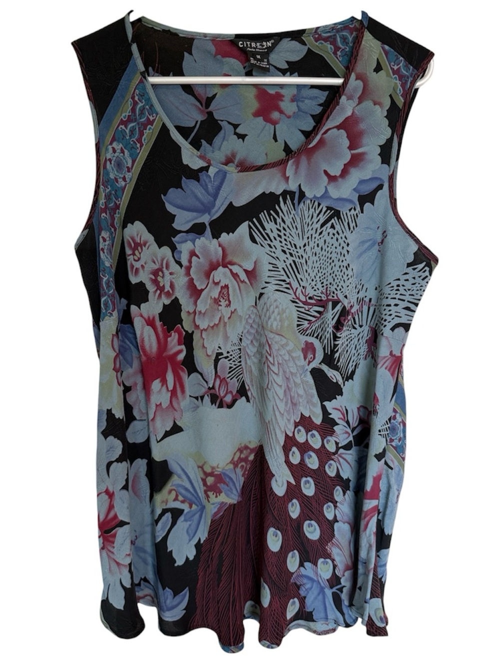 Citron Santa Monica Floral & Feather Silk Sleeveless Tank 1X
